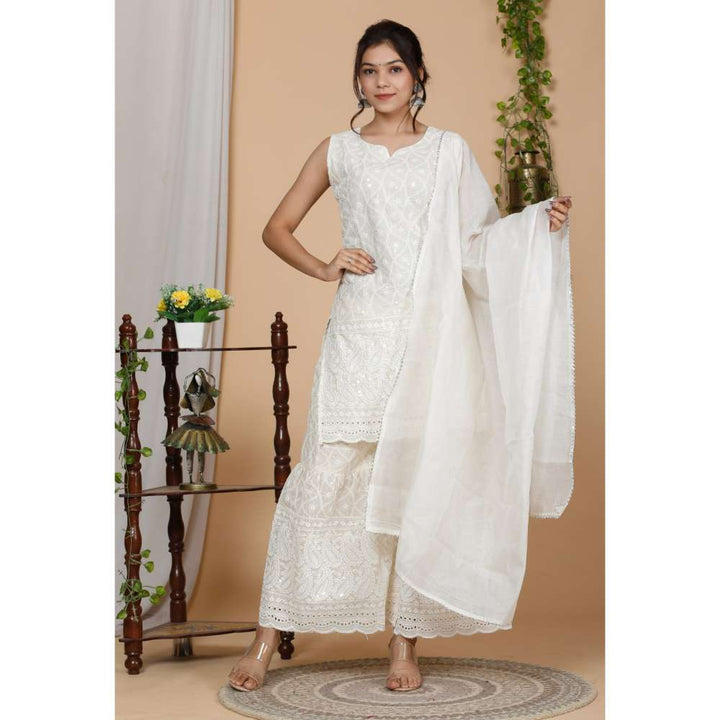 Miravan Womens White Embroidered Pure Cotton Kurta with Sharara and Dupatta (Set of 3)