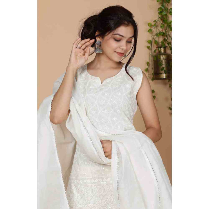 Miravan Womens White Embroidered Pure Cotton Kurta with Sharara and Dupatta (Set of 3)