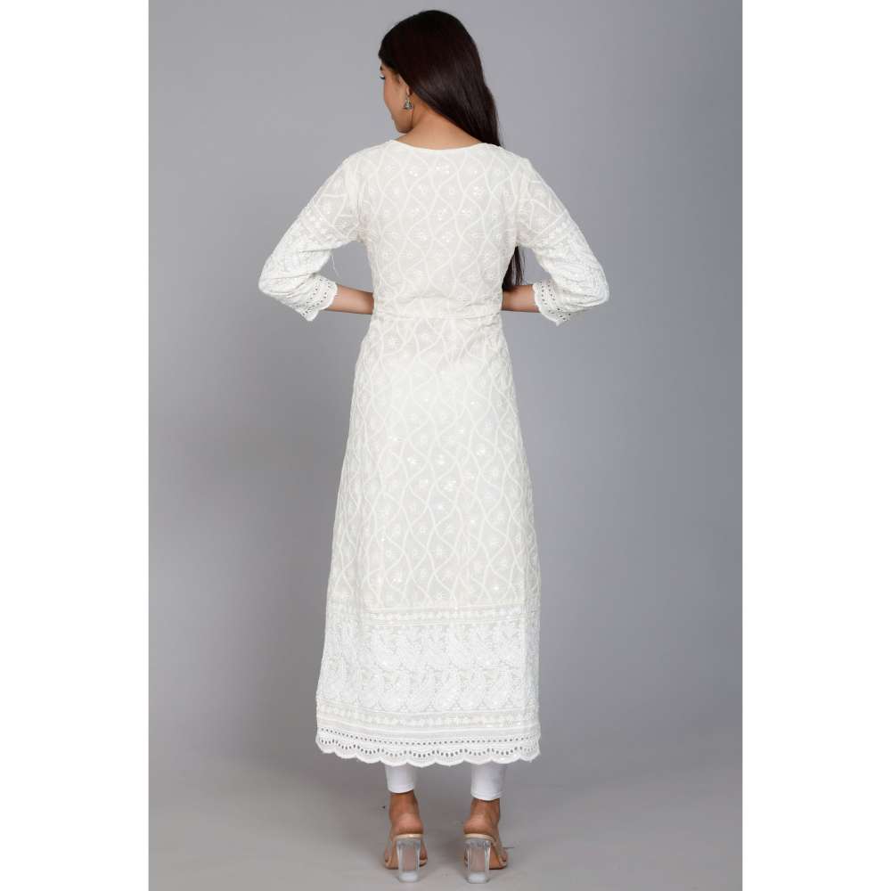 Miravan Womens White Embroidered Chikankari Kurta & Dupatta (Set of 2)