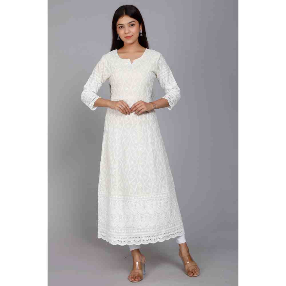 Miravan Womens White Embroidered Chikankari Kurta & Dupatta (Set of 2)