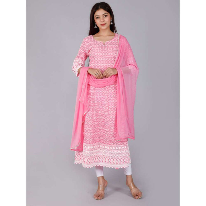 Miravan Pink Lucknowi Chikankari With Embroidery Cotton Kurta With Dupatta (Set of 2)