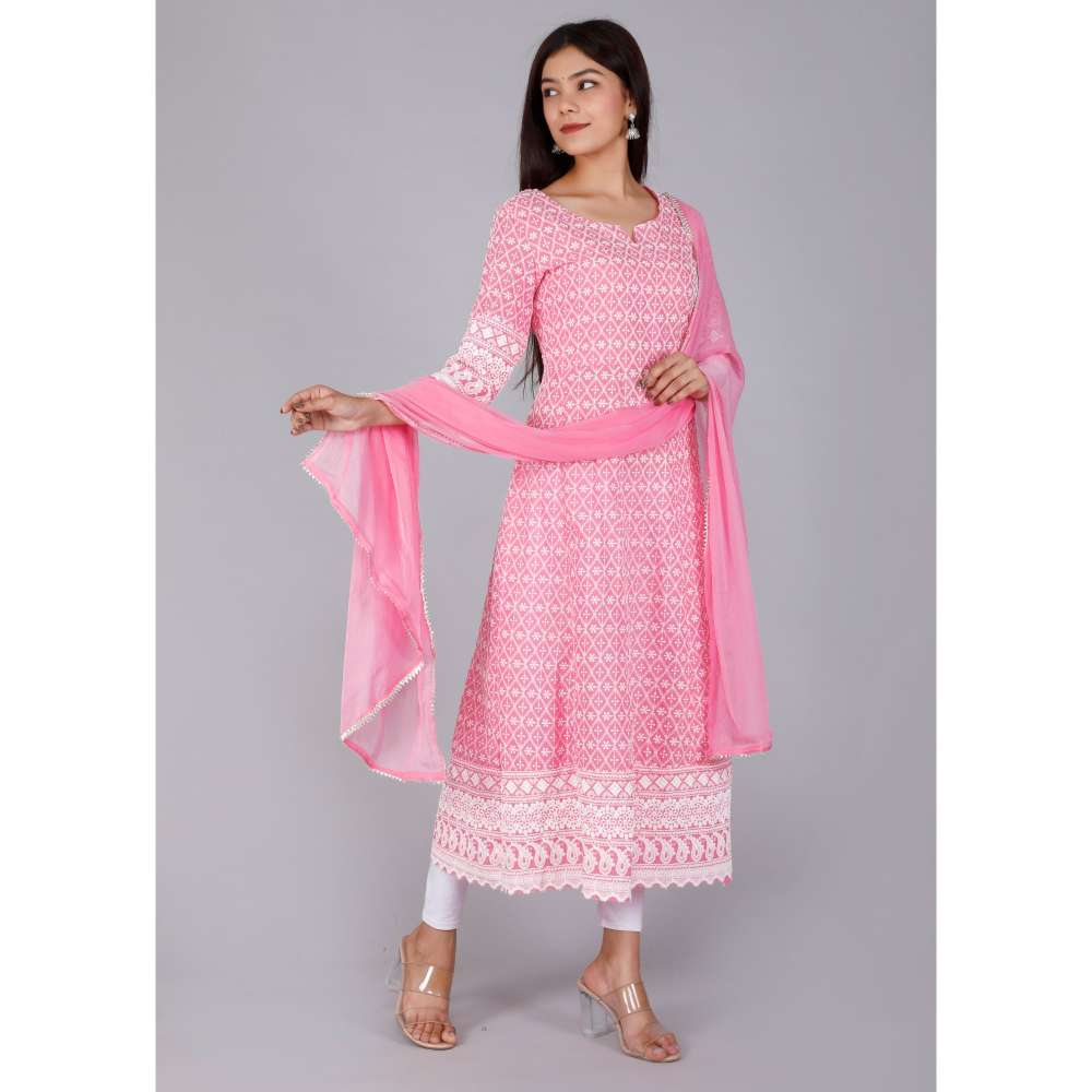 Miravan Pink Lucknowi Chikankari With Embroidery Cotton Kurta With Dupatta (Set of 2)