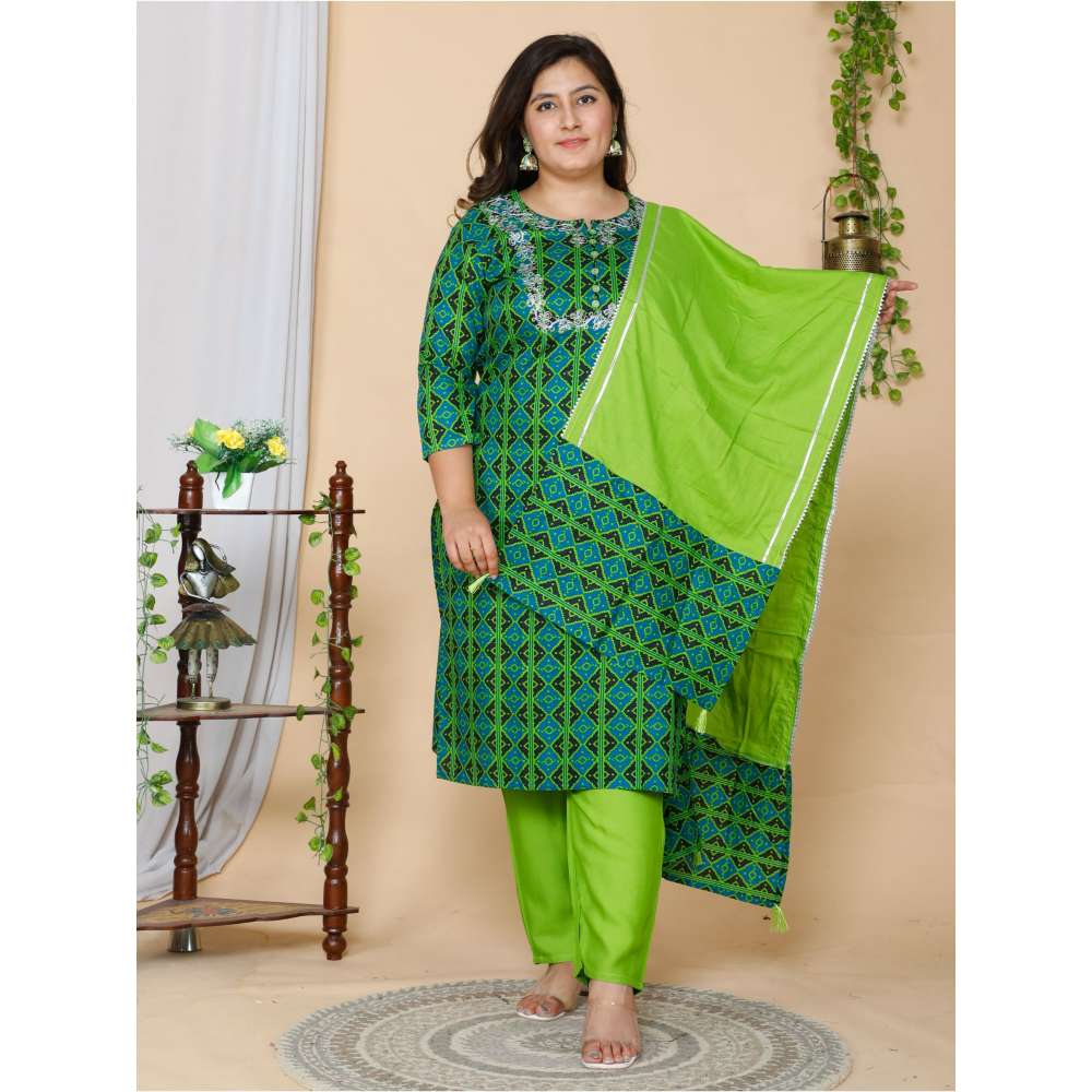 Miravan Women Plus Size Green Embroidered Kurta with Trousers & with Dupatta (Set of 3)