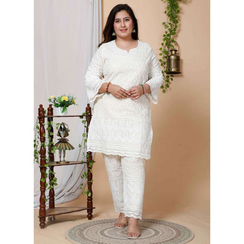 Miravan Women Plus Size Cream Chikankari Thread Work Kurta with Pant (Set of 2)