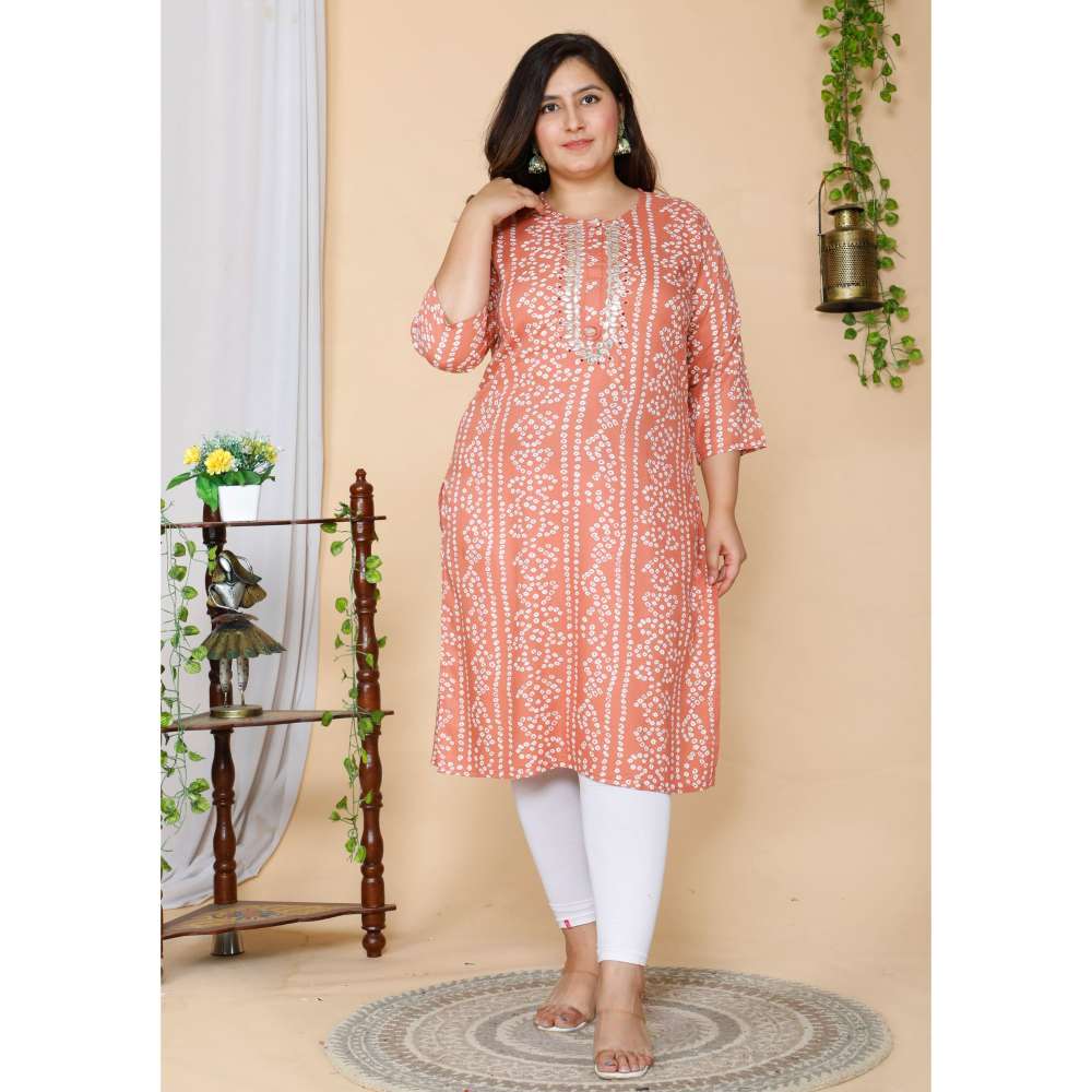 Miravan Women Plus Size Peach Bandhani Embroidered Kurti