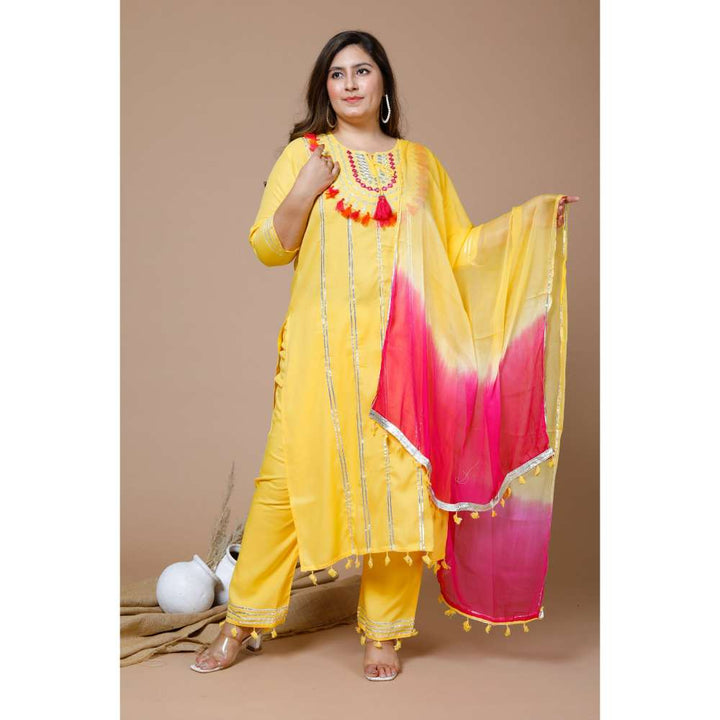 Miravan Womens Plus Size Yellow Gota Work Kurta & Pant with Dupatta (Set of 3)