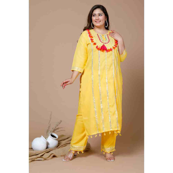 Buy Miravan Womens Plus Size Yellow Gota Work Kurta & Pant with Dupatta  (Set of 3) online