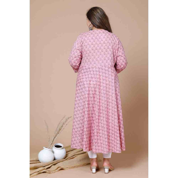 Miravan Womens Pink Plus Size Cotton Floral Print Long Anarkali Kurta
