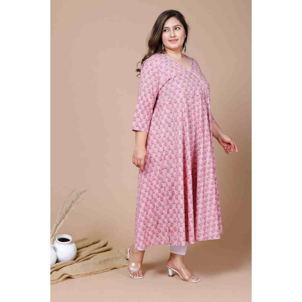 Miravan Womens Pink Plus Size Cotton Floral Print Long Anarkali Kurta