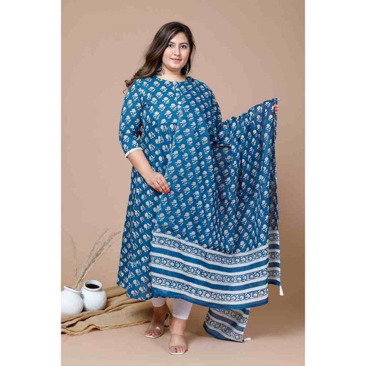 Miravan Womens Plus Size Blue Printed Anarkali Kurta with Dupatta (Set of 2)