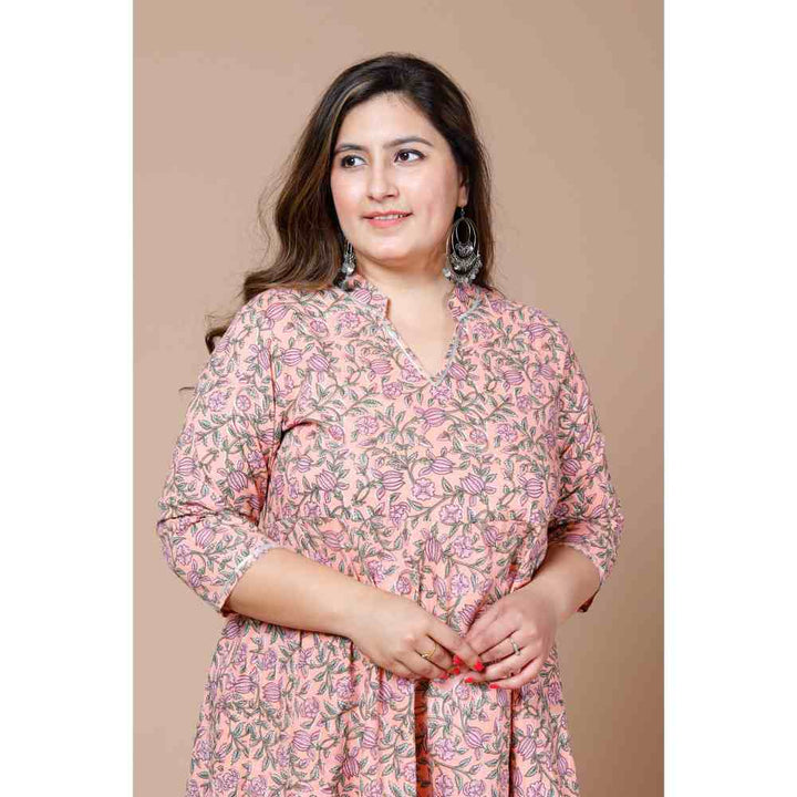Miravan Womens Peach Plus Size Cotton Floral Printed Anarkali Kurta