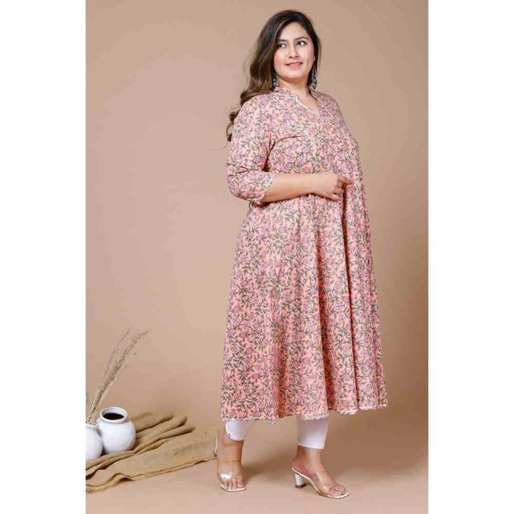 Miravan Womens Peach Plus Size Cotton Floral Printed Anarkali Kurta