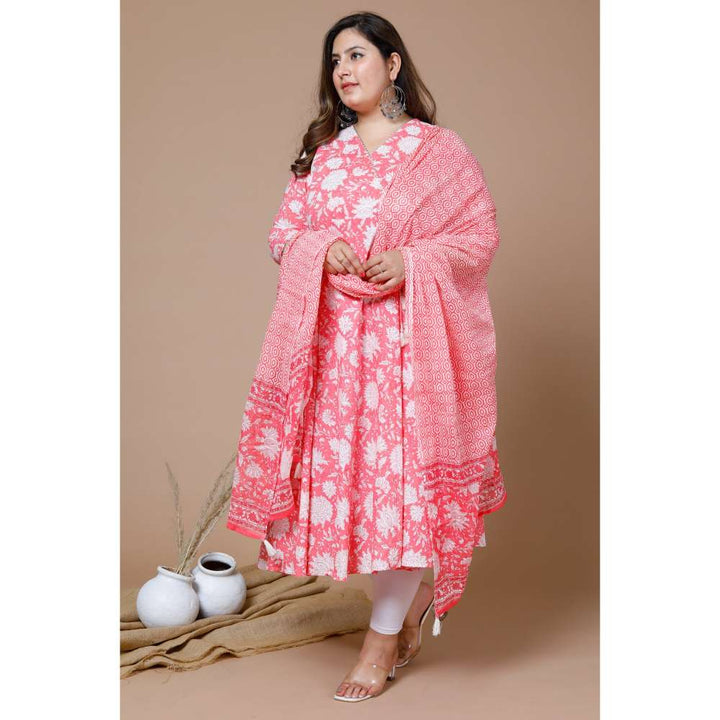 Miravan Womens Pink Plus Size Cotton Floral Print Anarkali Kurta with Dupatta (Set of 2)