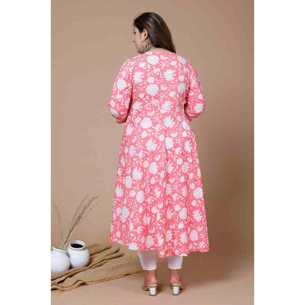 Miravan Womens Pink Plus Size Cotton Floral Print Anarkali Kurta with Dupatta (Set of 2)
