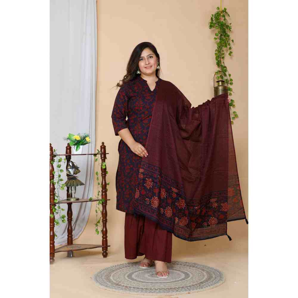 Miravan Women Plus Size Maroon Floral Printed Cotton Kurta with Sharara & Dupatta (Set of 3)