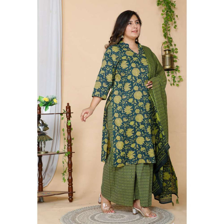 Miravan Women Plus Size Green Floral Printed Cotton Kurta with Sharara & Dupatta (Set of 3)