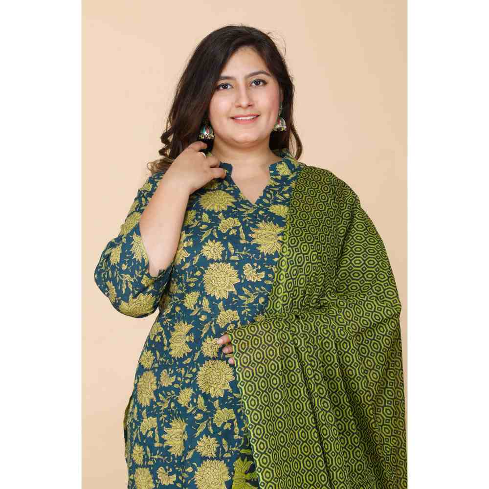 Miravan Women Plus Size Green Floral Printed Cotton Kurta with Sharara & Dupatta (Set of 3)
