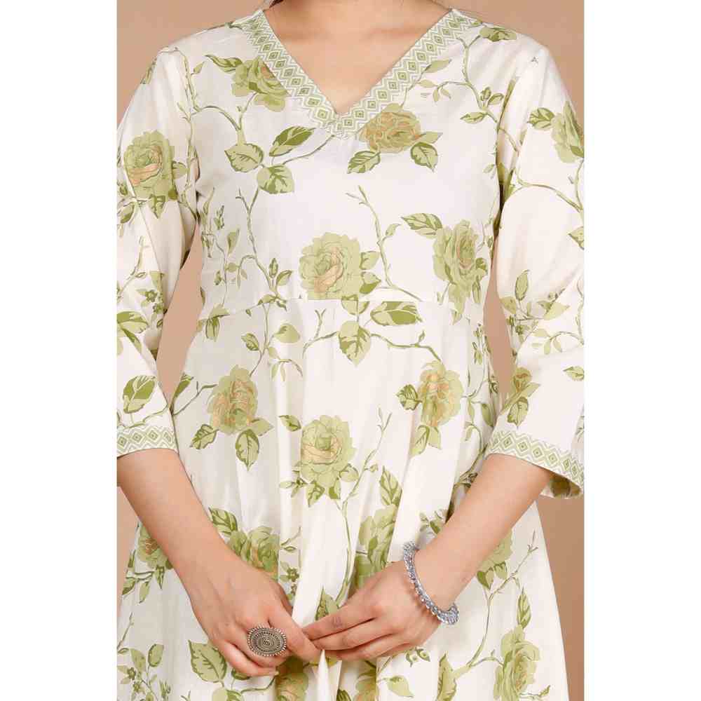 Miravan Womens Green Printed Pure Cotton Anarkali Kurta with Pant (Set of 2)