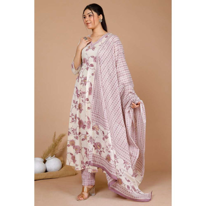 Miravan Womens Pink Floral Print Anarkali Kurta with Pant & Dupatta (Set of 3)