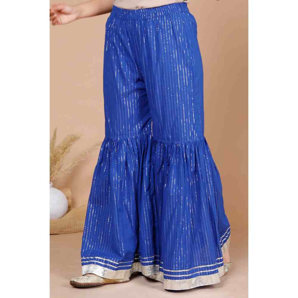 Miravan Womens Blue Printed Pure Cotton A Line Kurti with Sharara (Set of 2)