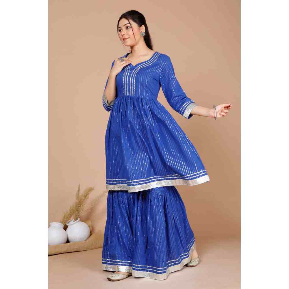 Miravan Womens Blue Printed Pure Cotton A Line Kurti with Sharara (Set of 2)