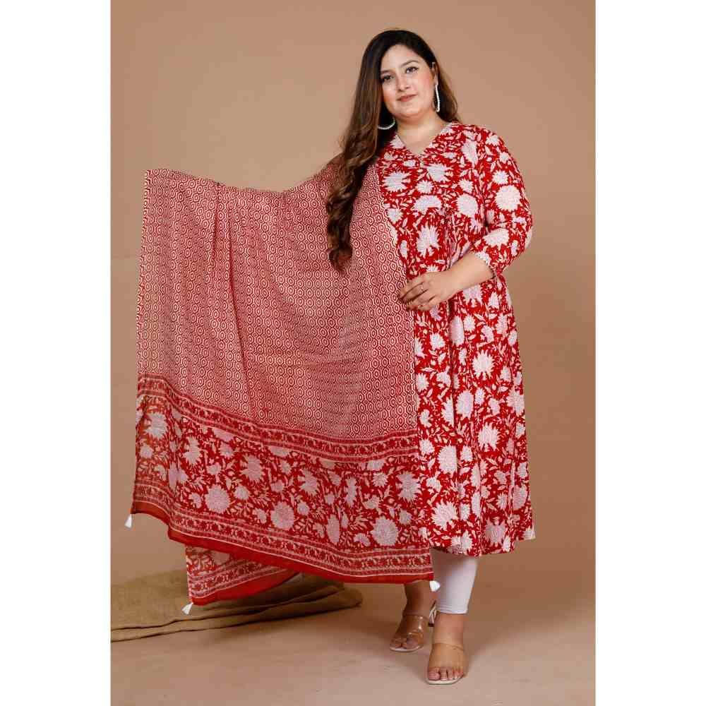 Miravan Womens Plus Size Floral Printed Cotton Anarkali Kurta with Dupatta (Set of 2)