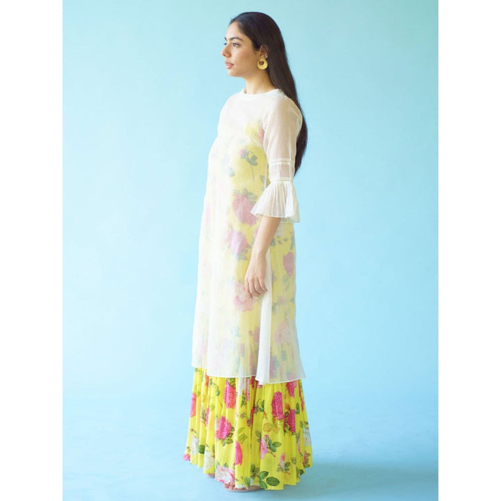 MONK & MEI Saga Yellow Slip Dress With Chanderi Overlay (Set of 2)