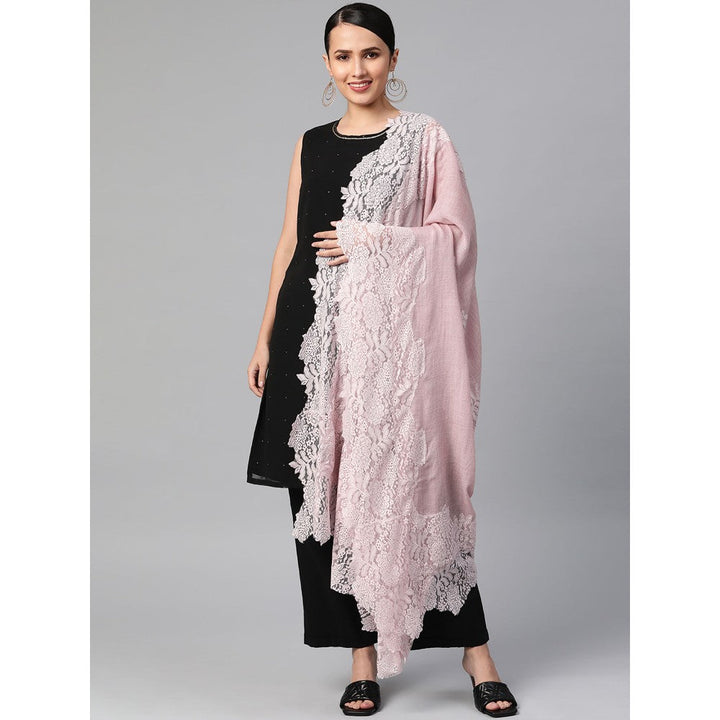 Modarta By Kamakshi Pastel Pink Woolen Shawl With Valentino Lace