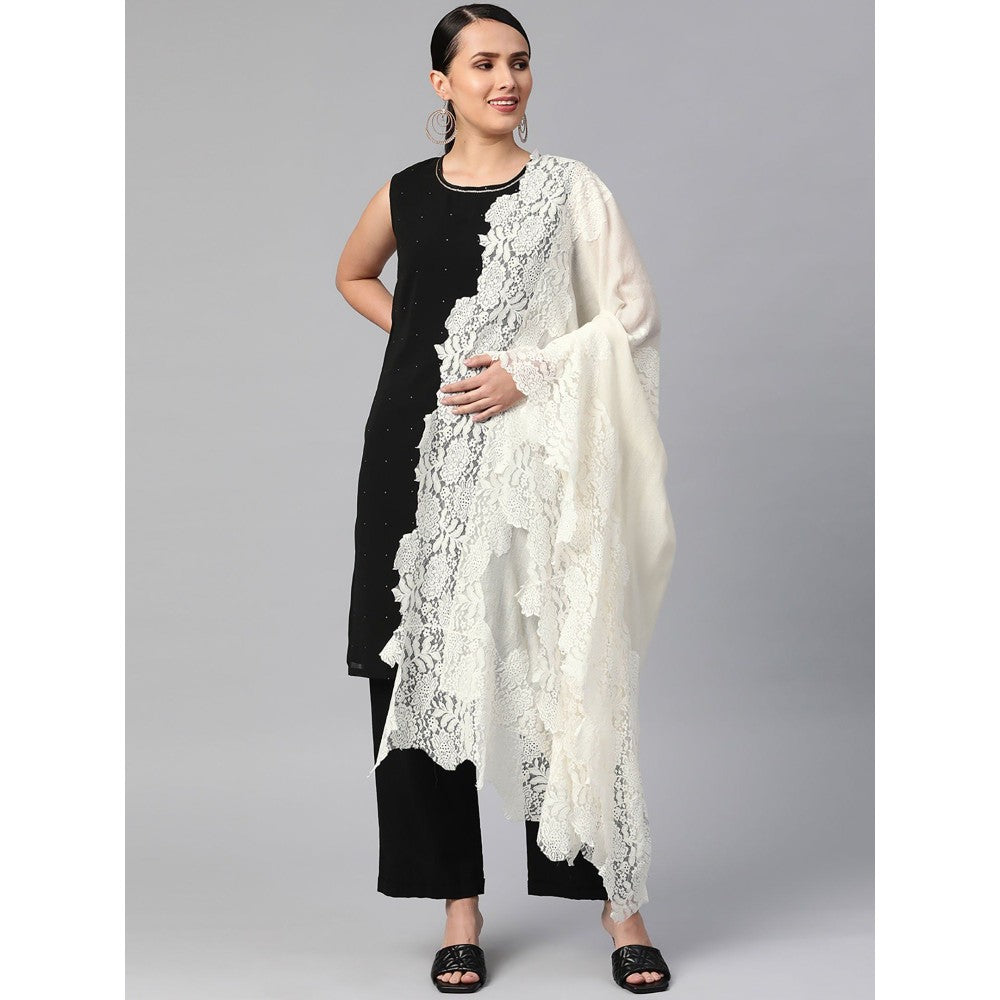 Modarta By Kamakshi White Woolen Shawl With Valentino Lace