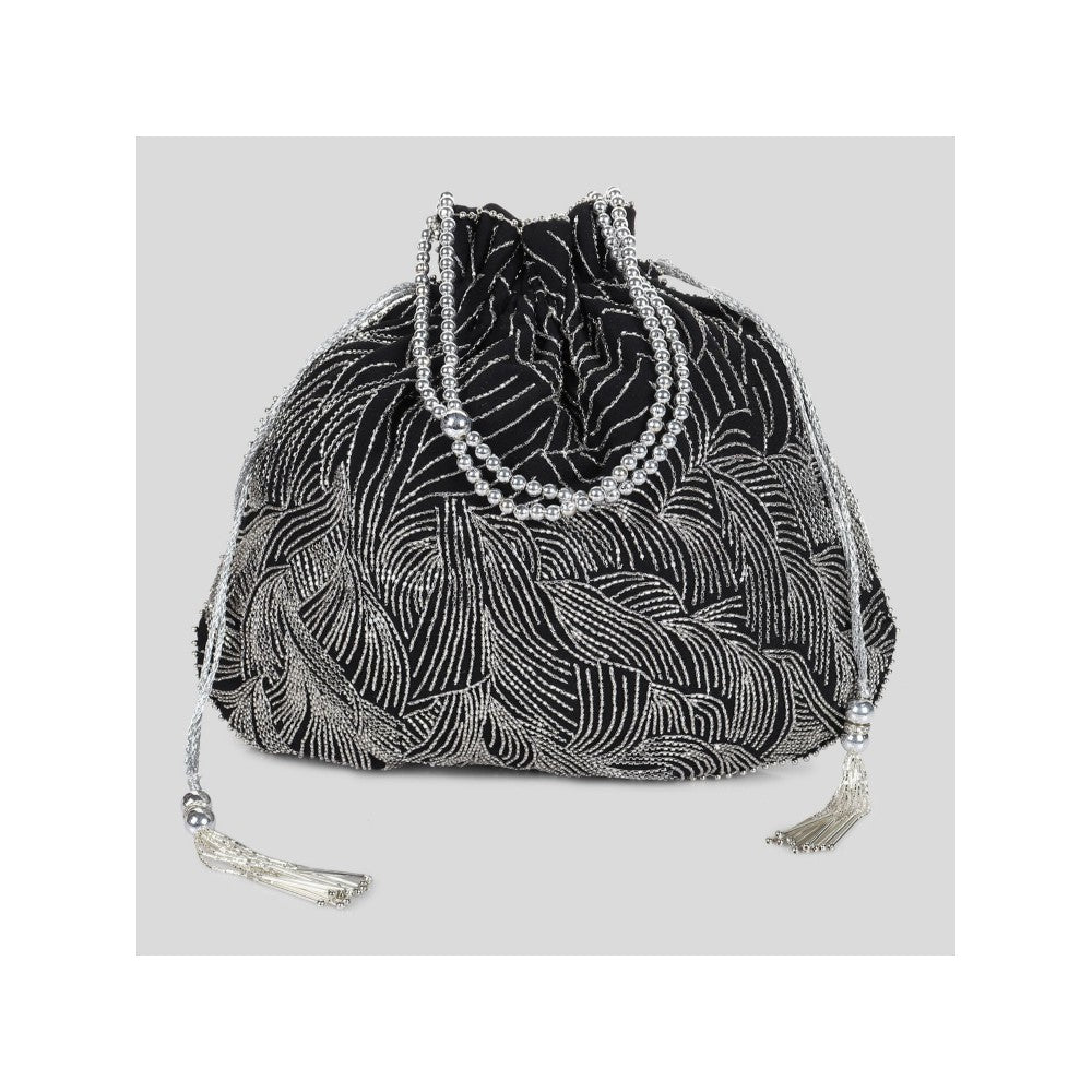 Modarta By Kamakshi Black Purse with Exquisite Silver Waves Embroidery