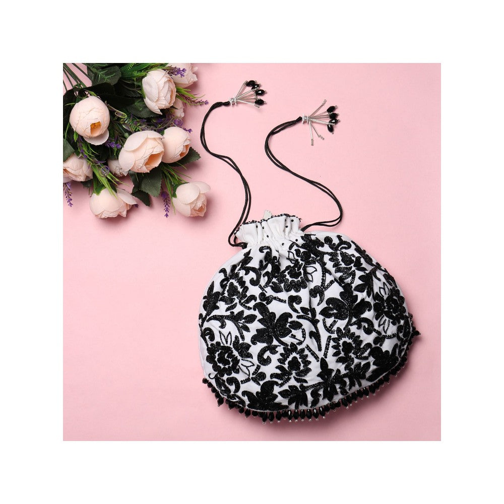 Modarta By Kamakshi Black Potli Bag - Handcrafted with Black Embellishments