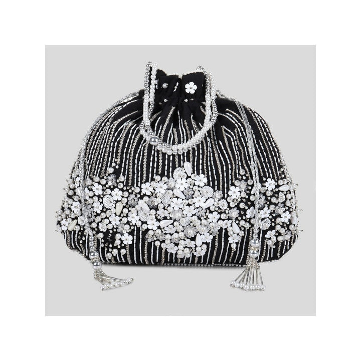 Modarta By Kamakshi Black Purse with Exquisite White Floral Artwork Design All Over