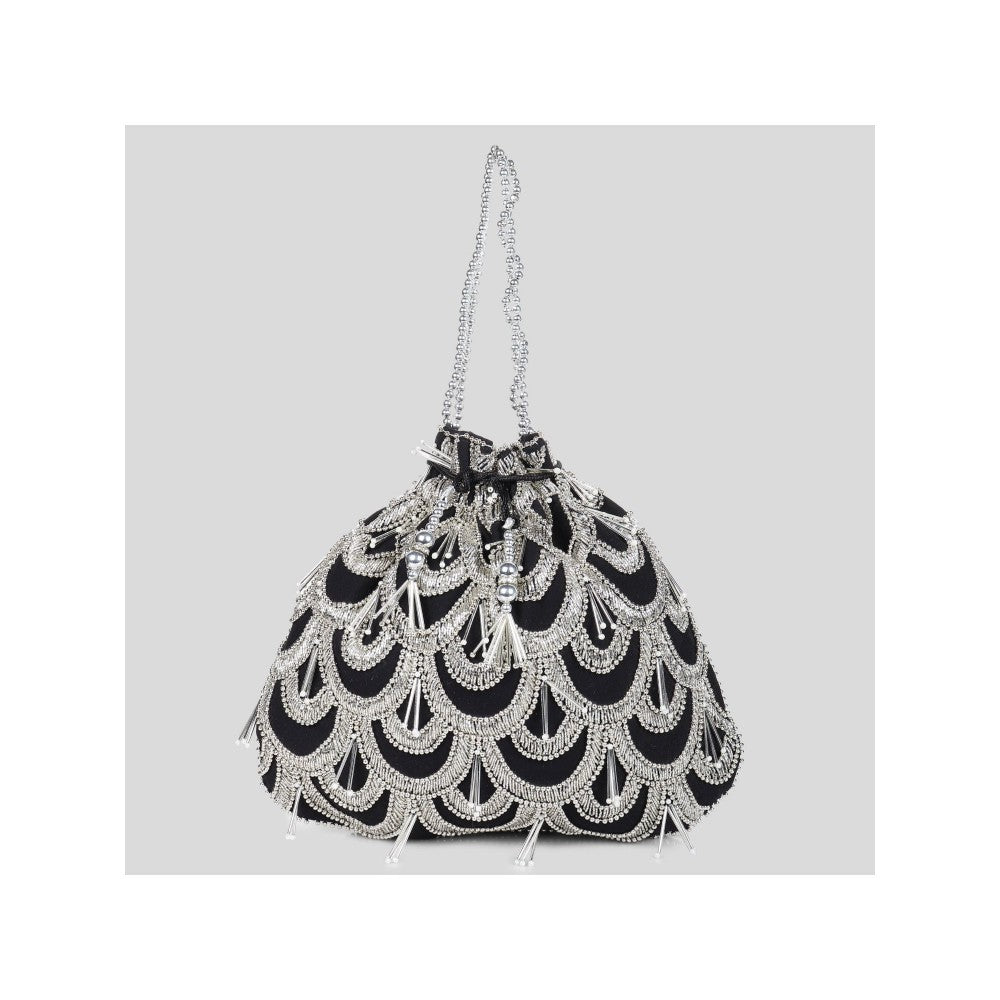 Modarta By Kamakshi Black Purse with Exquisite Silver Circles Embroidery
