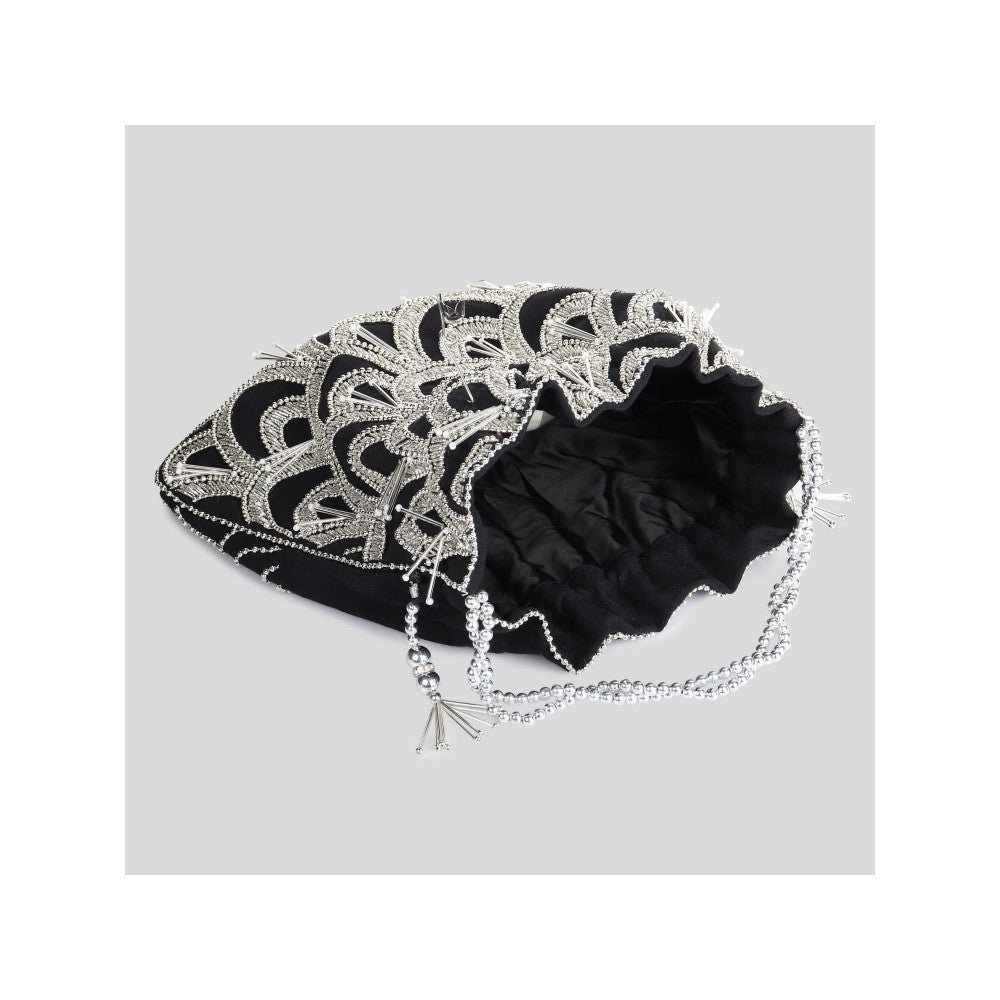 Modarta By Kamakshi Black Purse with Exquisite Silver Circles Embroidery