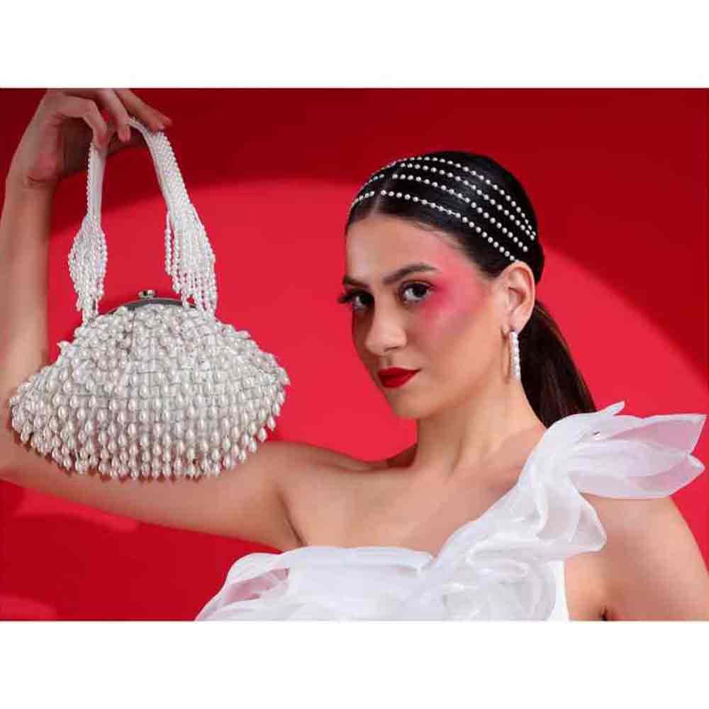 Modarta By Kamakshi White Clutch with Handcrafted Pearls Detailing An Ideal Bridal Bag