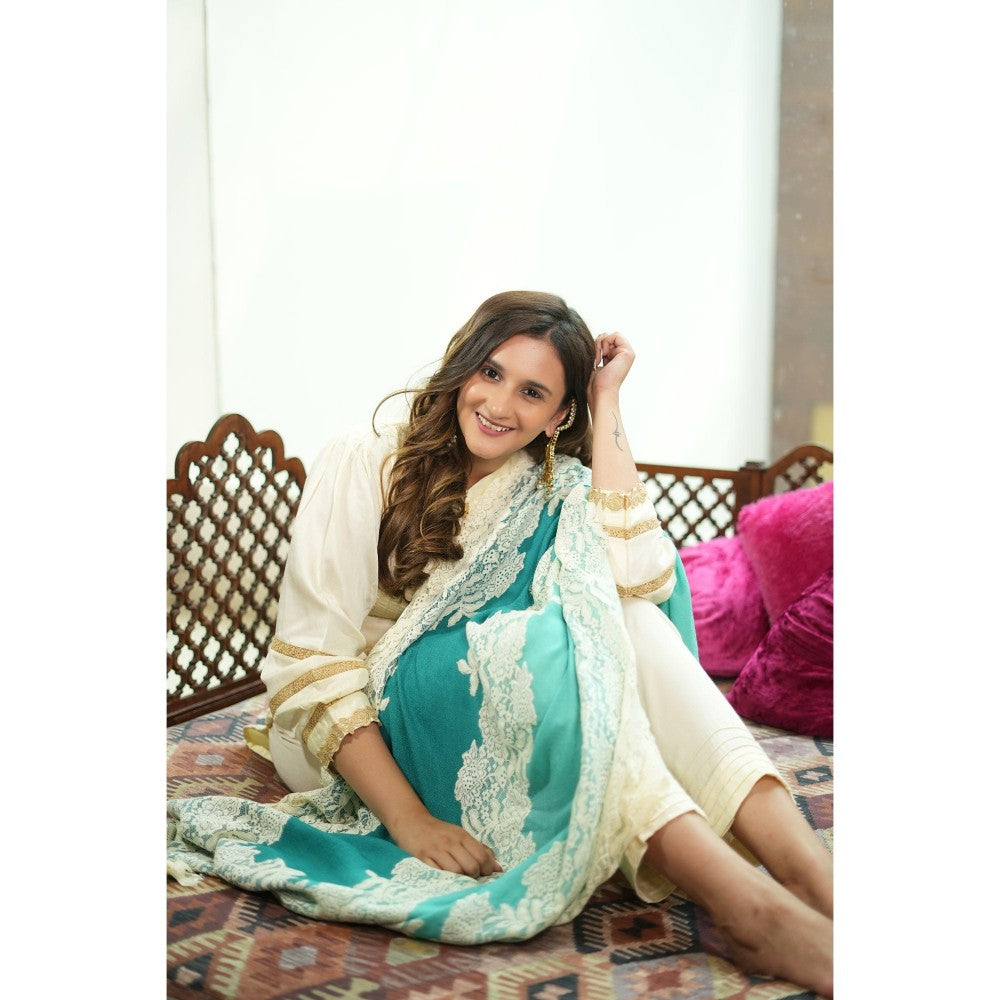Modarta By Kamakshi Turquoise White with Valentino Lace Fine Wool Shawl