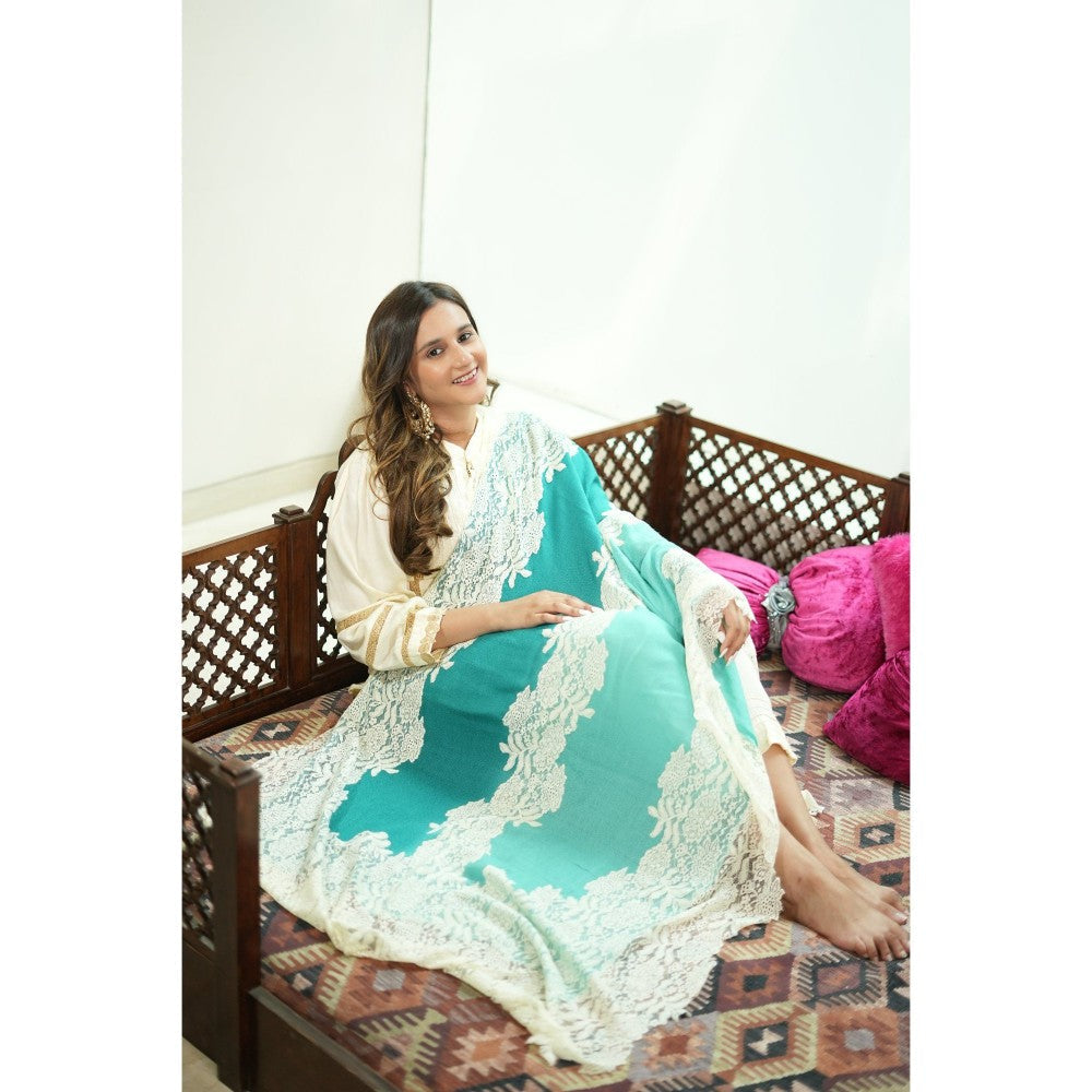 Modarta By Kamakshi Turquoise White with Valentino Lace Fine Wool Shawl