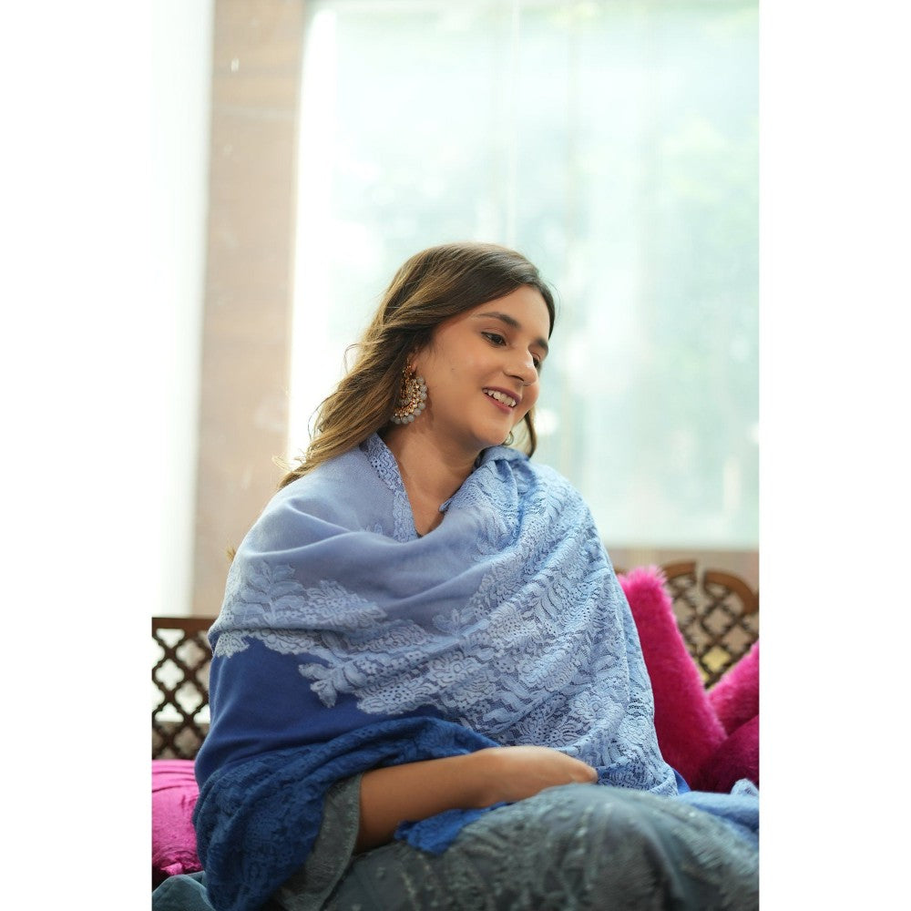 Modarta By Kamakshi Blue with Valentino Lace Fine Wool Shawl