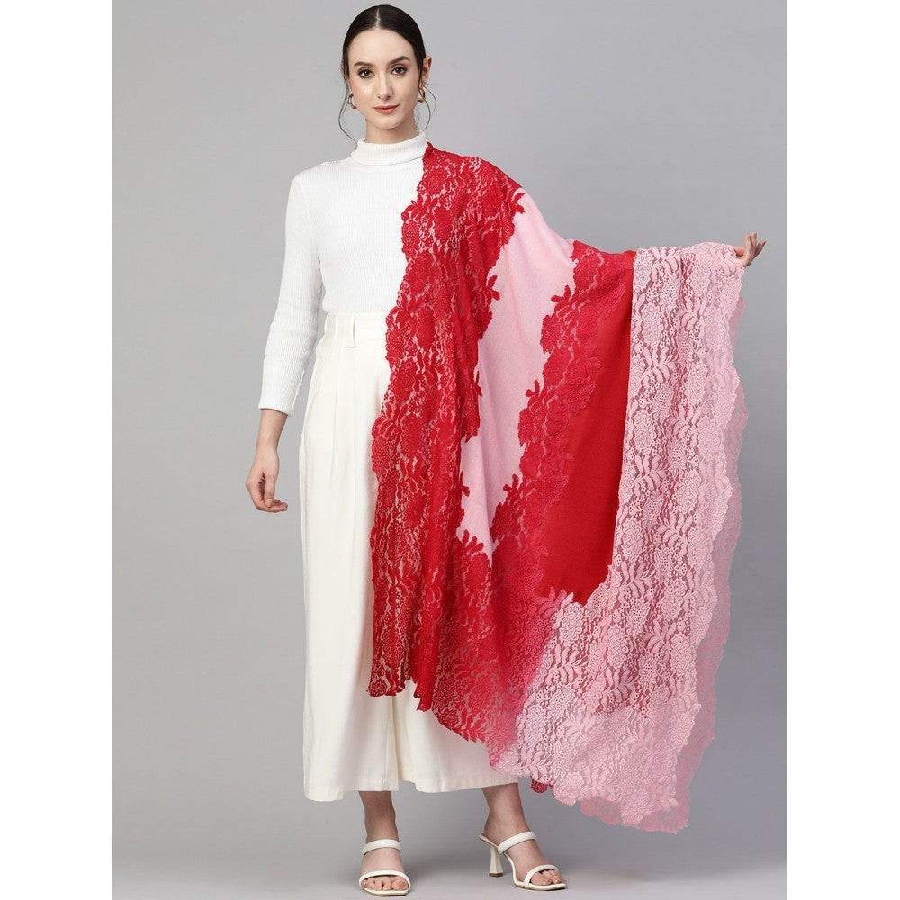 Modarta By Kamakshi Red Pink with Valentino Lace Fine Wool Shawl