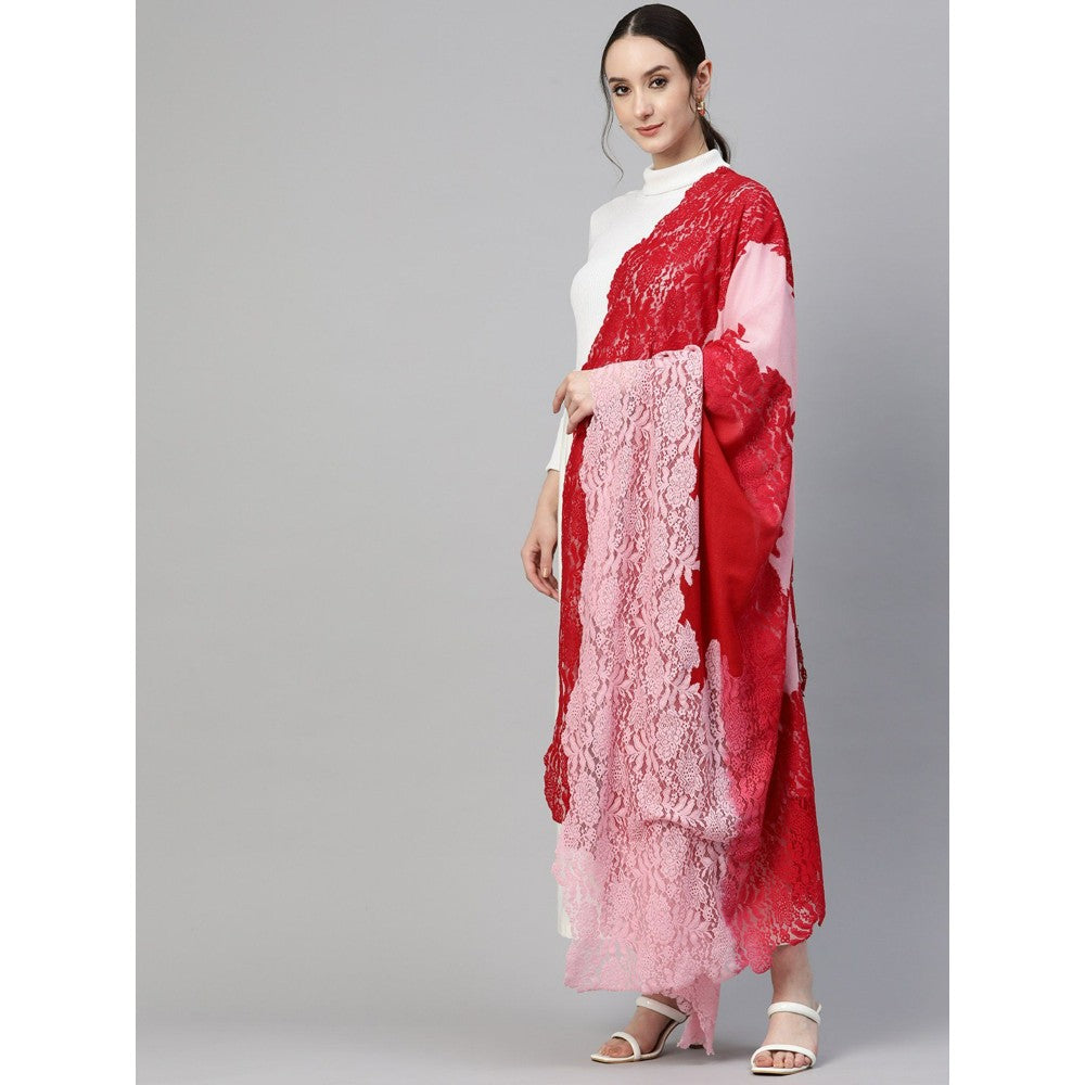 Modarta By Kamakshi Red Pink with Valentino Lace Fine Wool Shawl