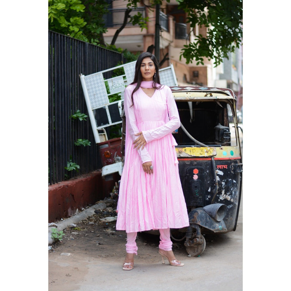 Moh Pink Angrakha Anarkali Suit (Set Of 3)
