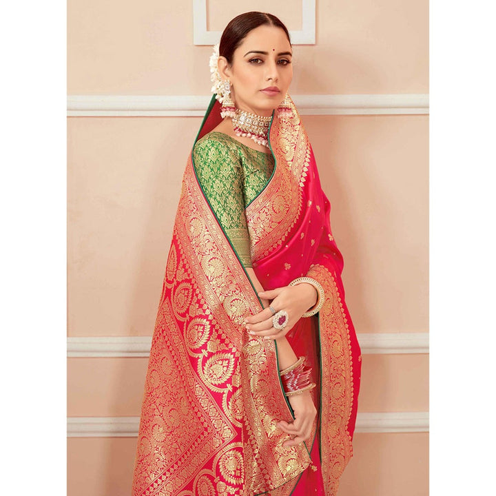Monjolika Fashion Hot Pink woven silk blend designer saree with Unstitched Blouse