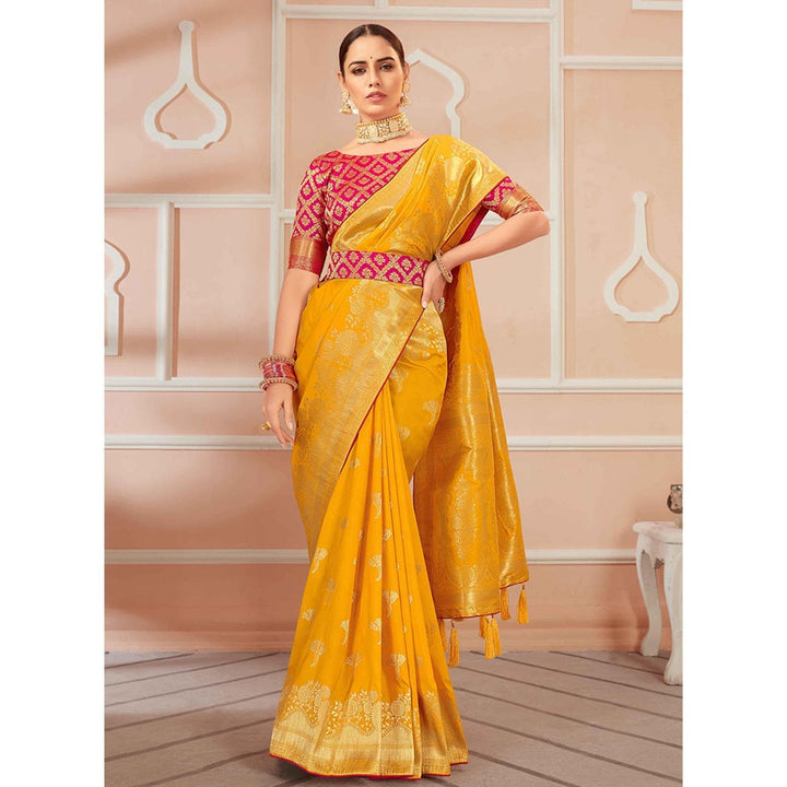 Monjolika Fashion Yellow woven silk blend designer saree with Unstitched Blouse