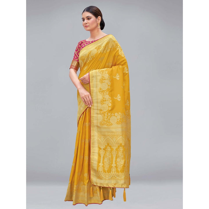 Monjolika Fashion Yellow woven silk blend designer saree with Unstitched Blouse