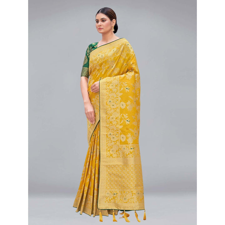 Monjolika Fashion Yellow Woven Silk Blend Designer Saree With Unstitched Blouse