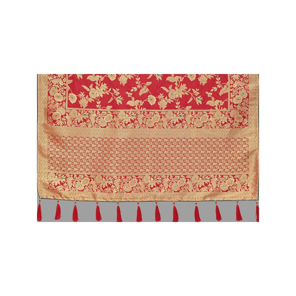 Monjolika Fashion Red Woven Silk Blend Designer Saree With Unstitched Blouse