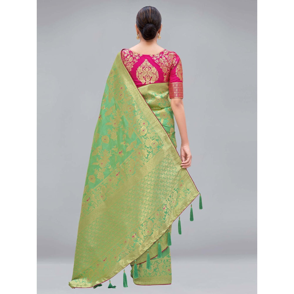 Monjolika Fashion Light Green Woven Silk Blend Designer Saree With Unstitched Blouse