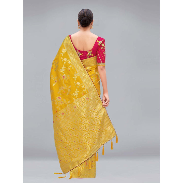 Monjolika Fashion Yellow Woven Silk Blend Designer Saree With Unstitched Blouse