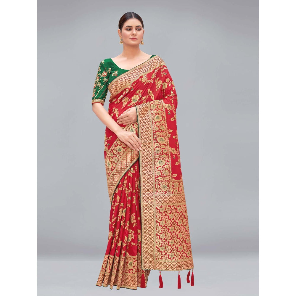 Monjolika Fashion Red Woven Silk Blend Designer Saree With Unstitched Blouse