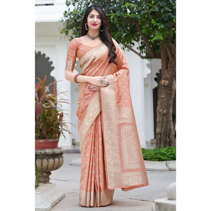 Mongolia Fashion Peach Colour Woven Traditional Designer Silk Saree with Unstitched Blouse